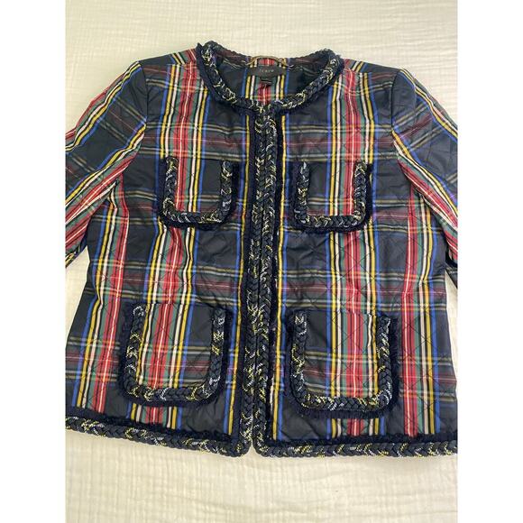 J Crew Quilted Blazer Jacket Tartan Plaid Black Green Size 4 RARE Office Classic - Picture 2 of 14